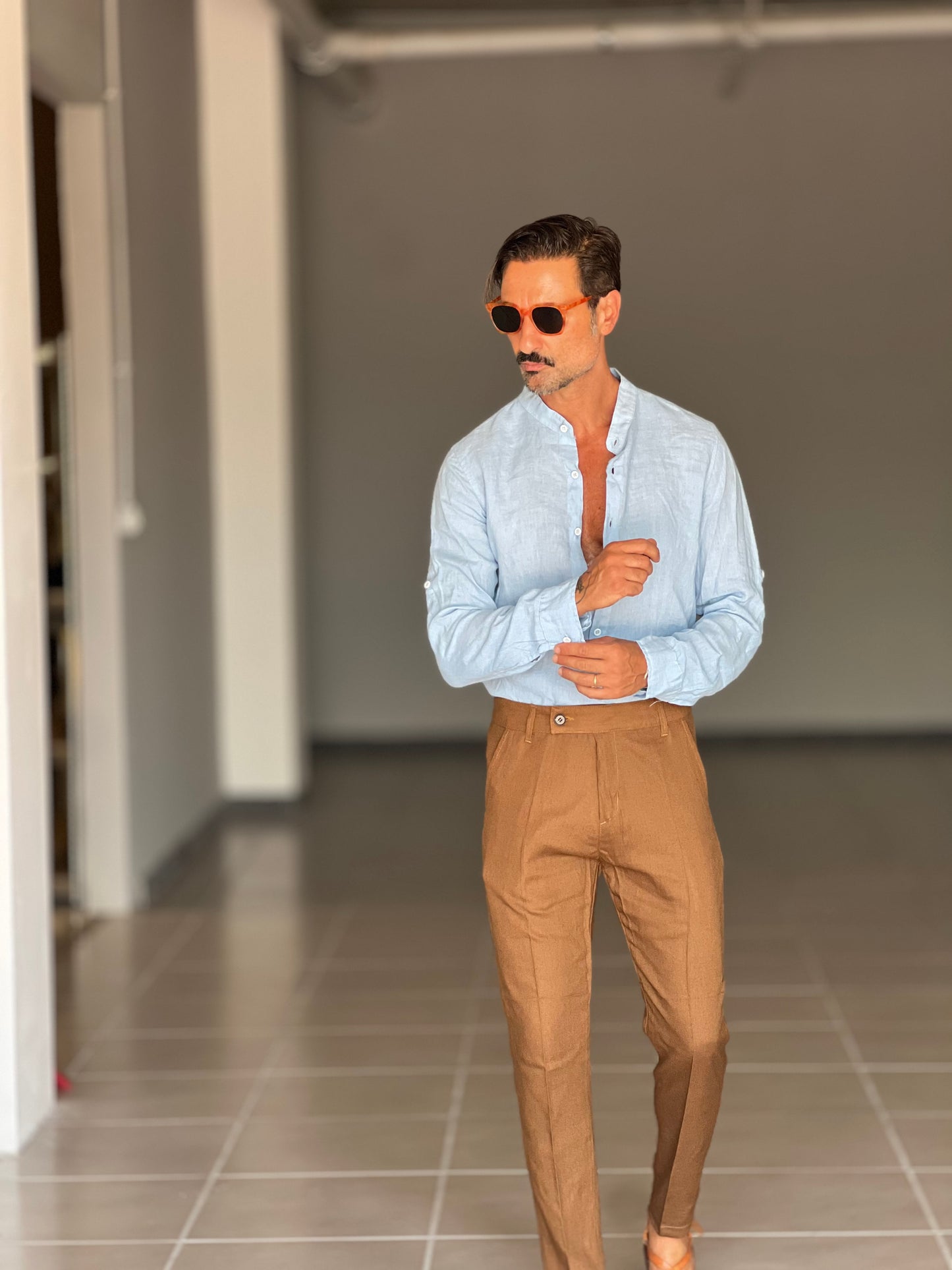 CAMICIA LINO GARZATO CELESTE COREANA