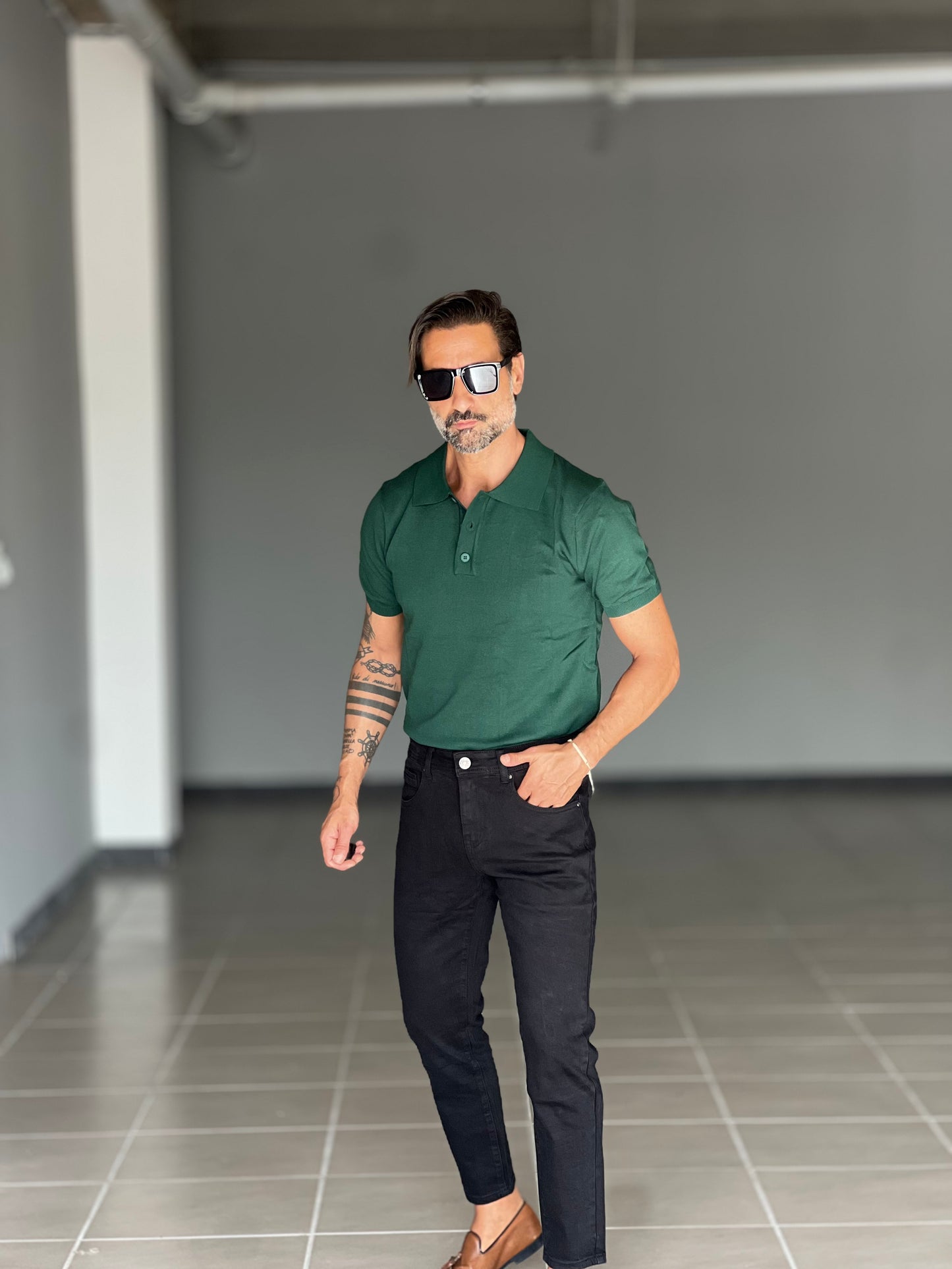 POLO VERDE FIAMMATA COLLO 3 BOTTONI