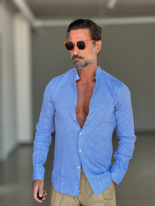 CAMICIA DEPOT CELESTE MELANGE COREANA GARZATA