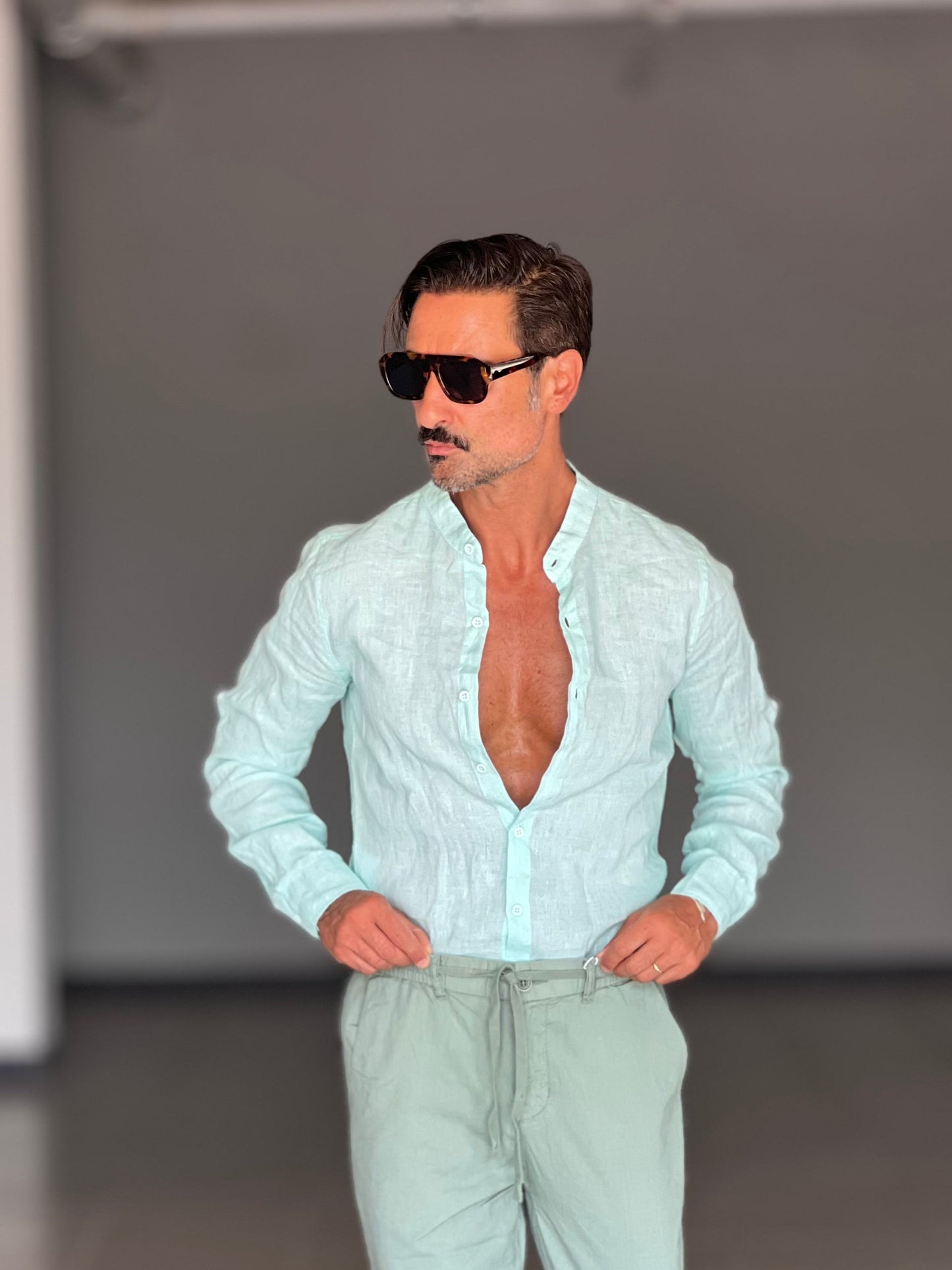 CAMICIA LINO GARZATO VERDE ACQUA COREANA