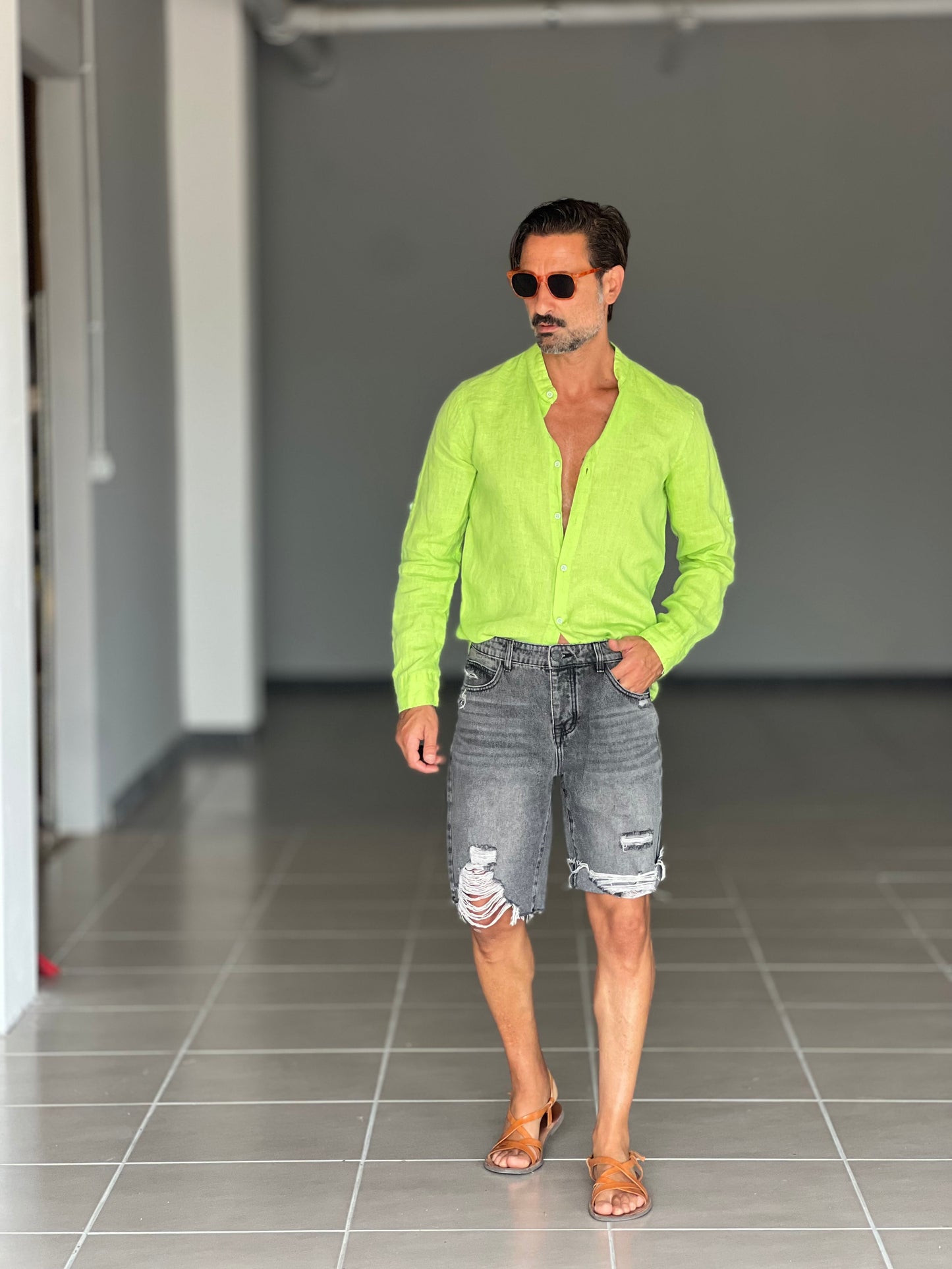 CAMICIA LINO VERDE MELA COREANA