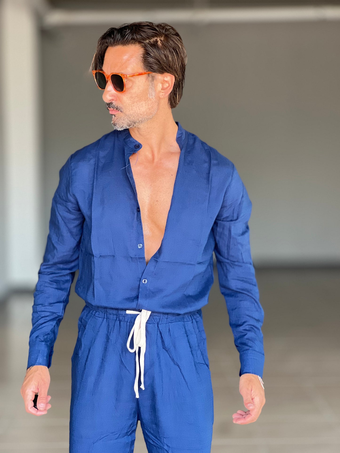 CAMICIA BLU COREANA MISTO LINO