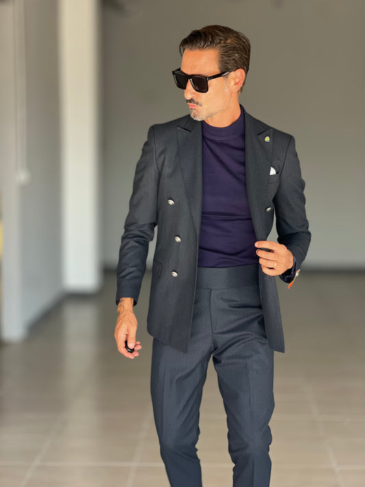 ABITO FIAMMATO BLU NOTTE DOPPIOPETTO BOTTONE METALLO VISCOSA E MISTI