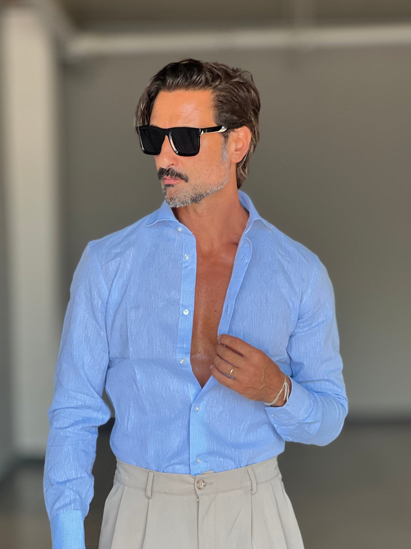 CAMICIA CELESTE CHIARO 100%LINO