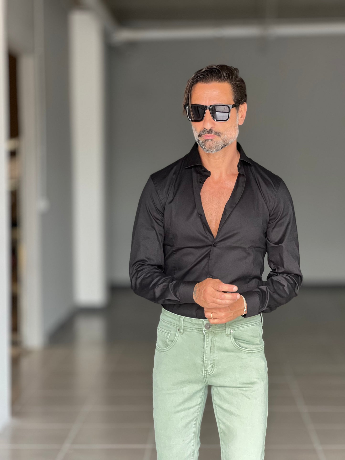 CAMICIA NERA COTONE COLLO ITALIANO STRECH