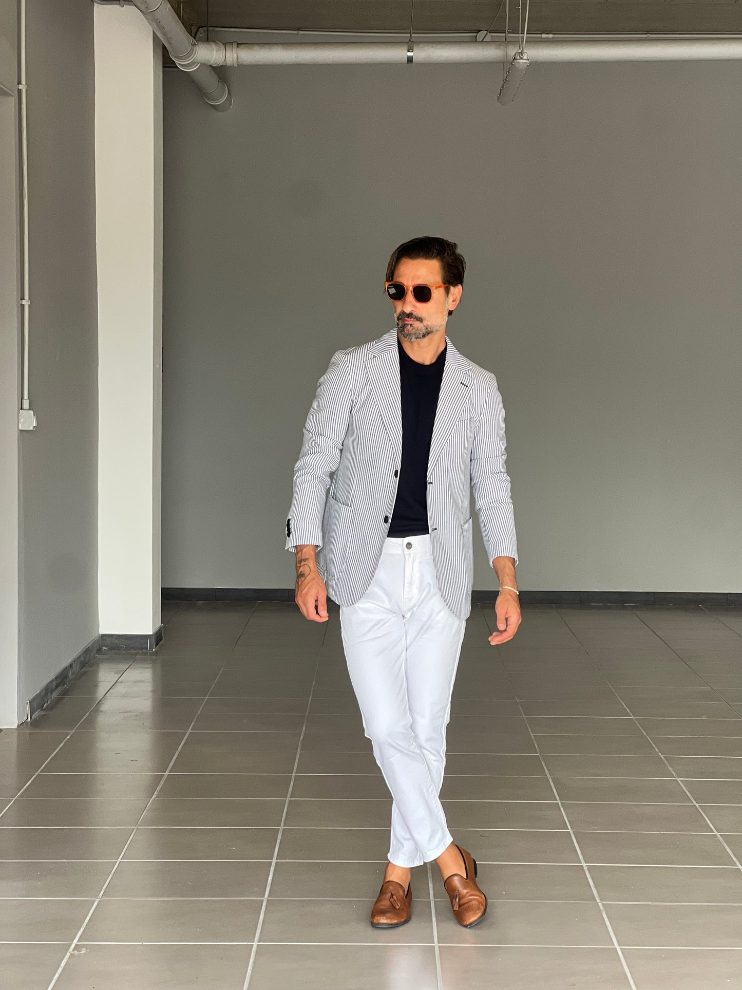 GIACCA LINO MILLERIGHE BLU MONOPETTO