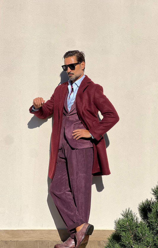 CAPPOTTO PRUGNA LAVORAZIONE ALPACA TESSUTO LANA E MISTI ALTATENSIONE