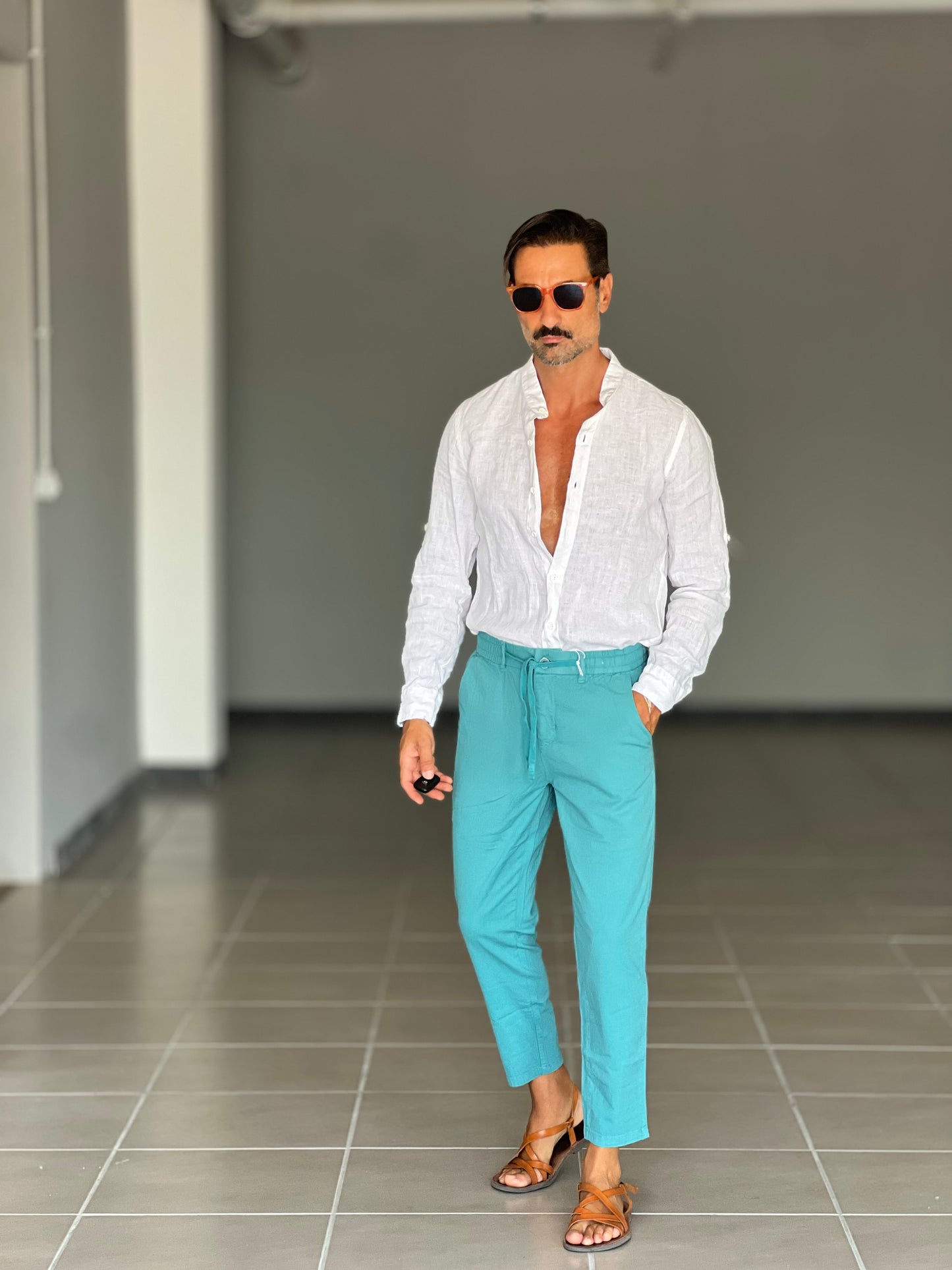 PANTALONE ESTIVO TURCHESE EFFETTO LINO GARZATO