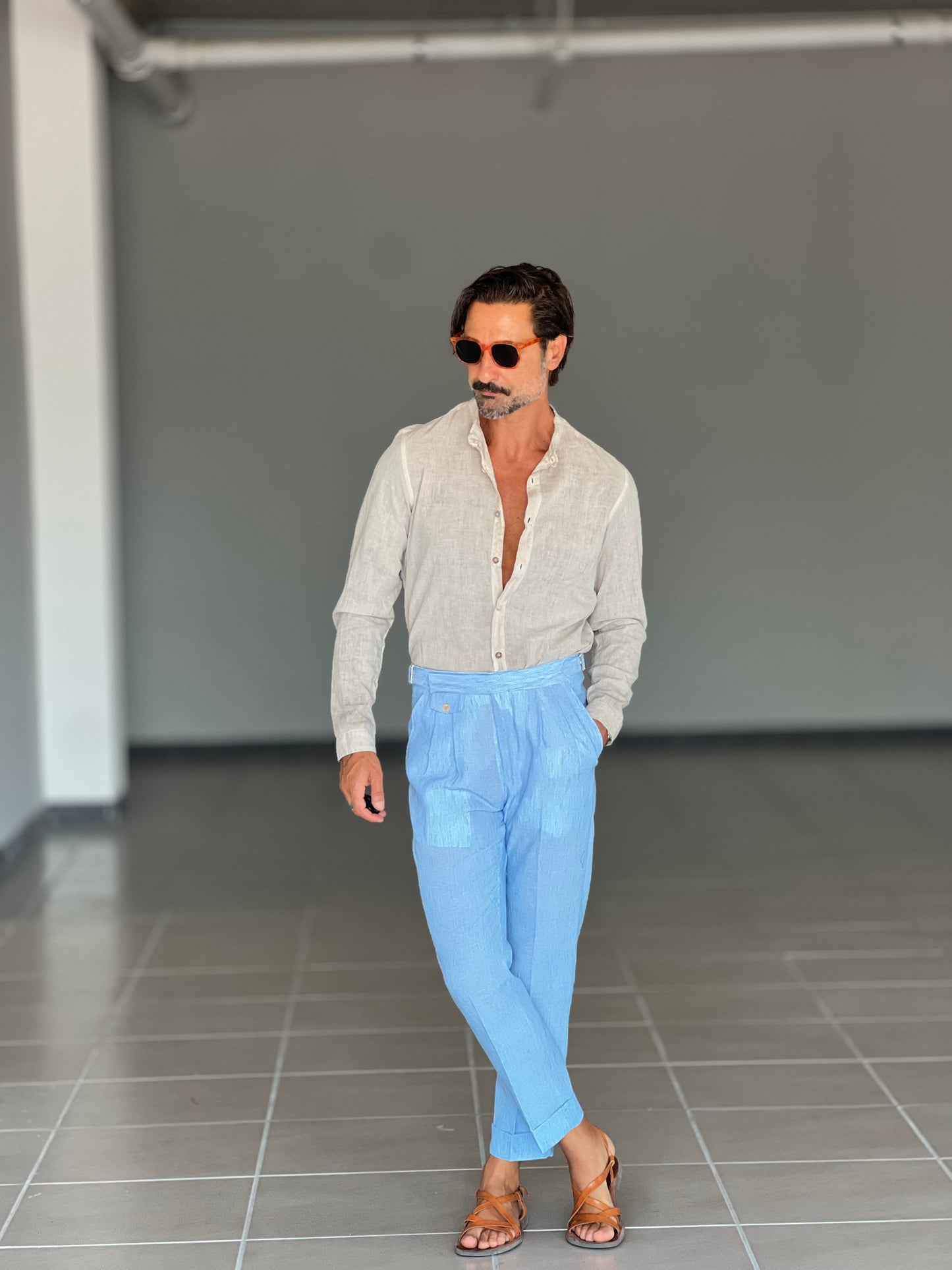 PANTALONE CELESTE VITA ALTA LINO E MISTI