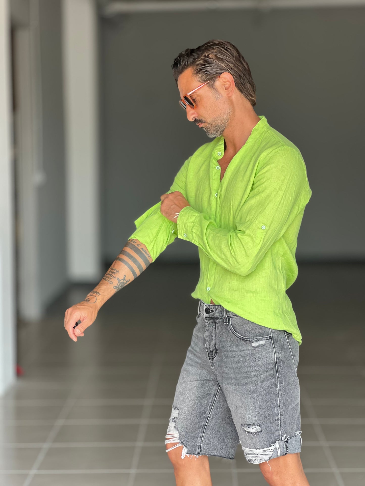 CAMICIA LINO VERDE MELA COREANA