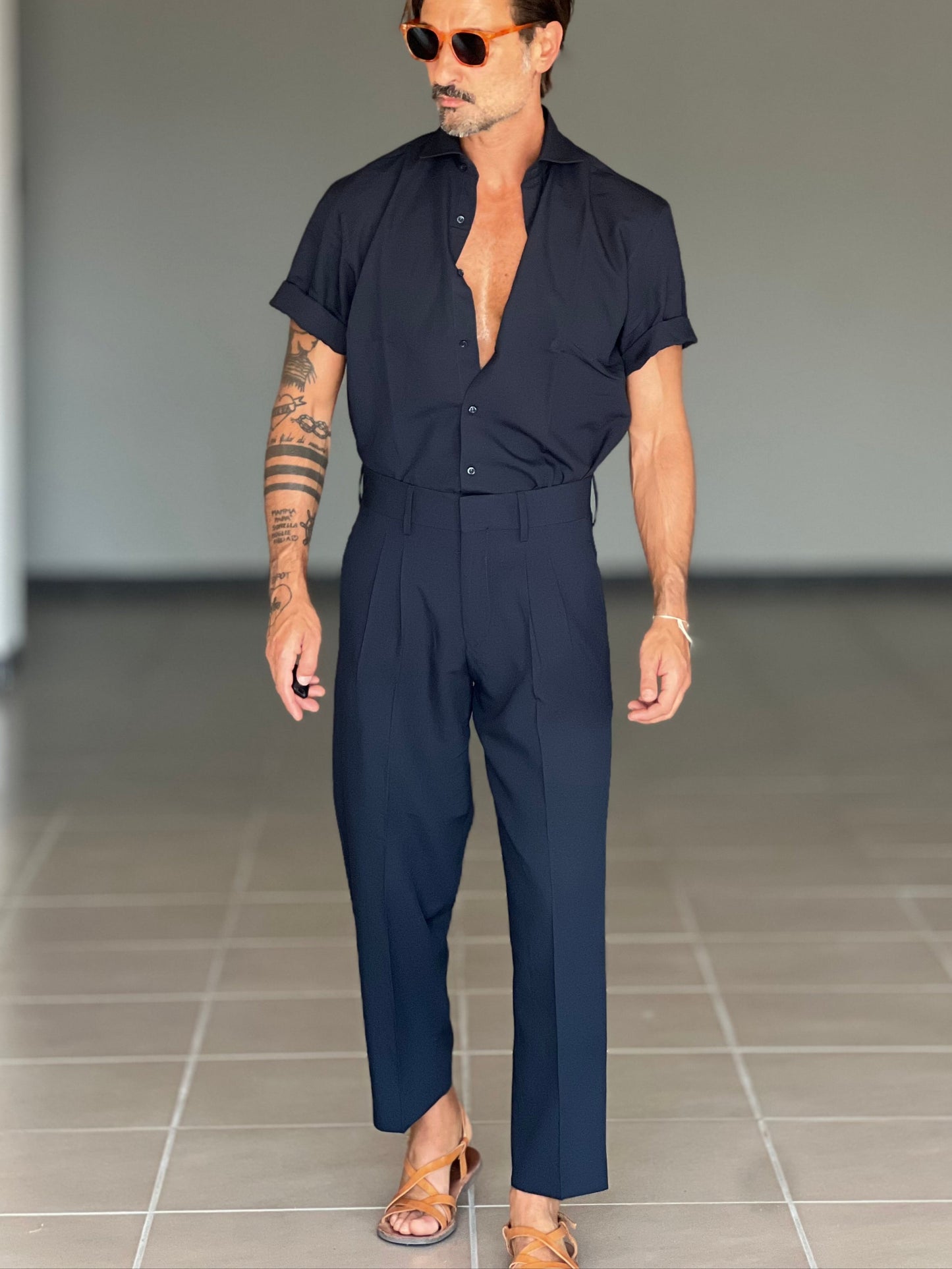 PANTALONE ESTIVO LINO E COTONE BLU PINCES