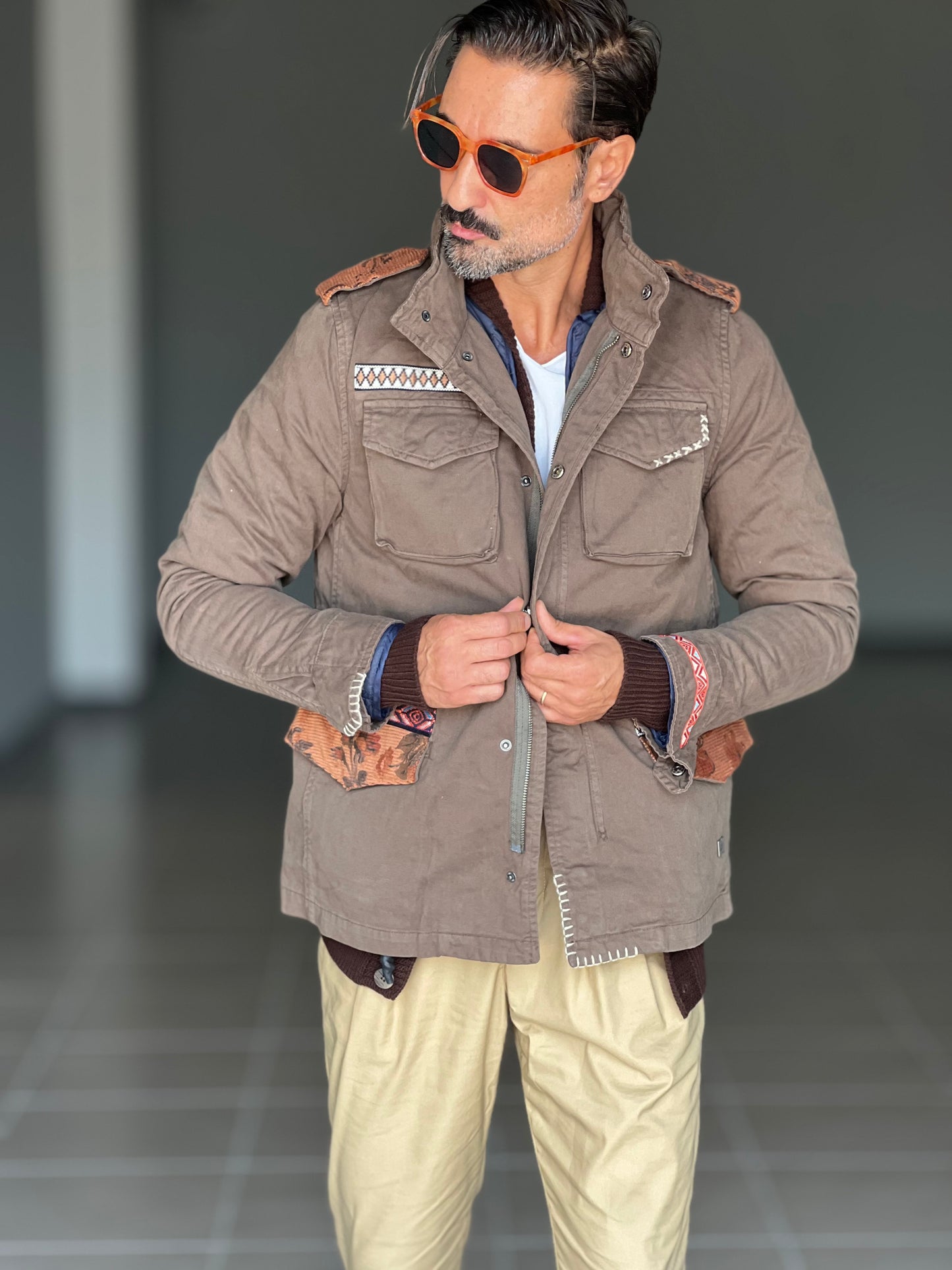 FILL JACKET BL11 VERDE PATCH AZTECHE IMBOTTITA TASCHE