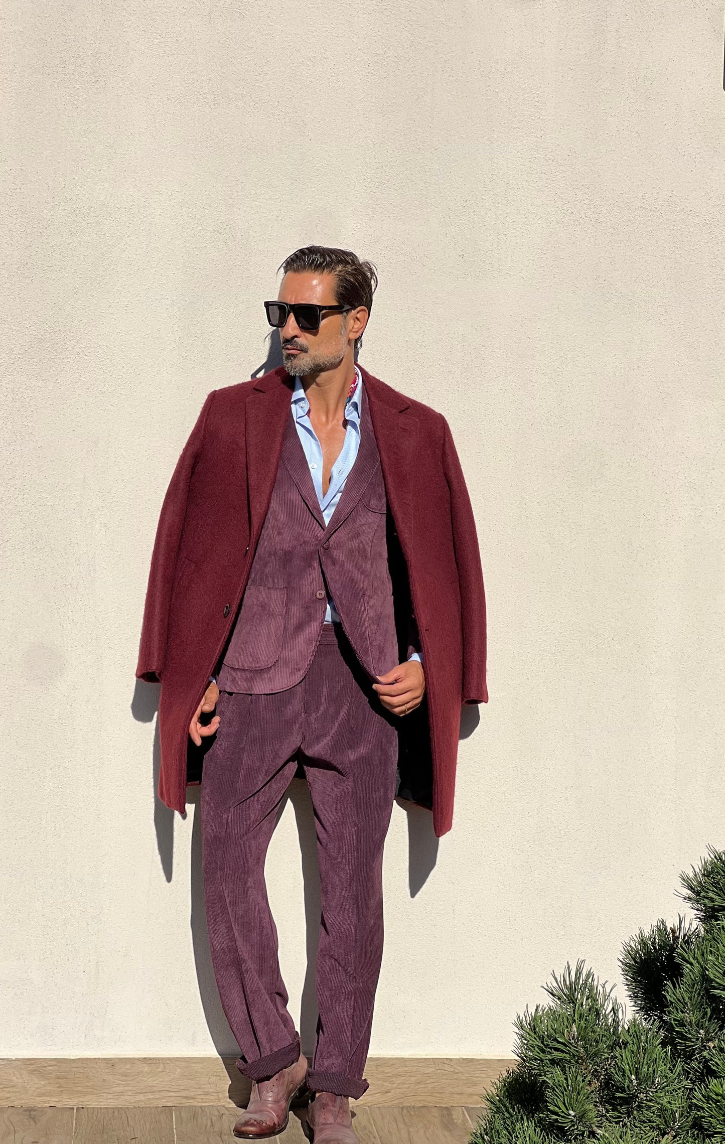 CAPPOTTO PRUGNA LAVORAZIONE ALPACA TESSUTO LANA E MISTI ALTATENSIONE