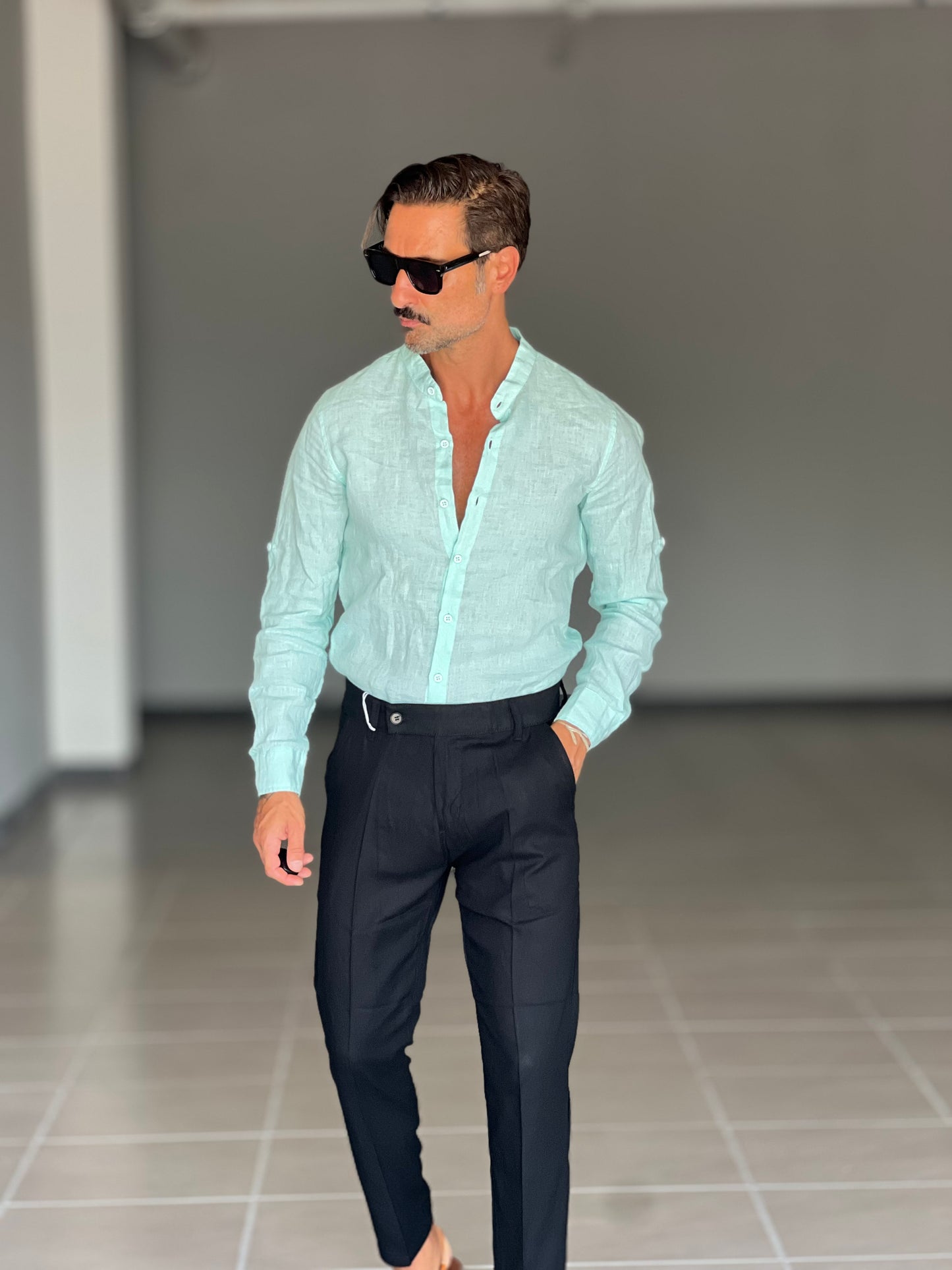 PANTALONE ESTIVO NERO MISTO LINO RASATO