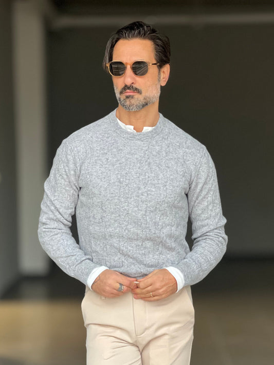 MAGLIA GIRO GRIGIA LANA E CASHEMERE TRECCIA PICCOLA