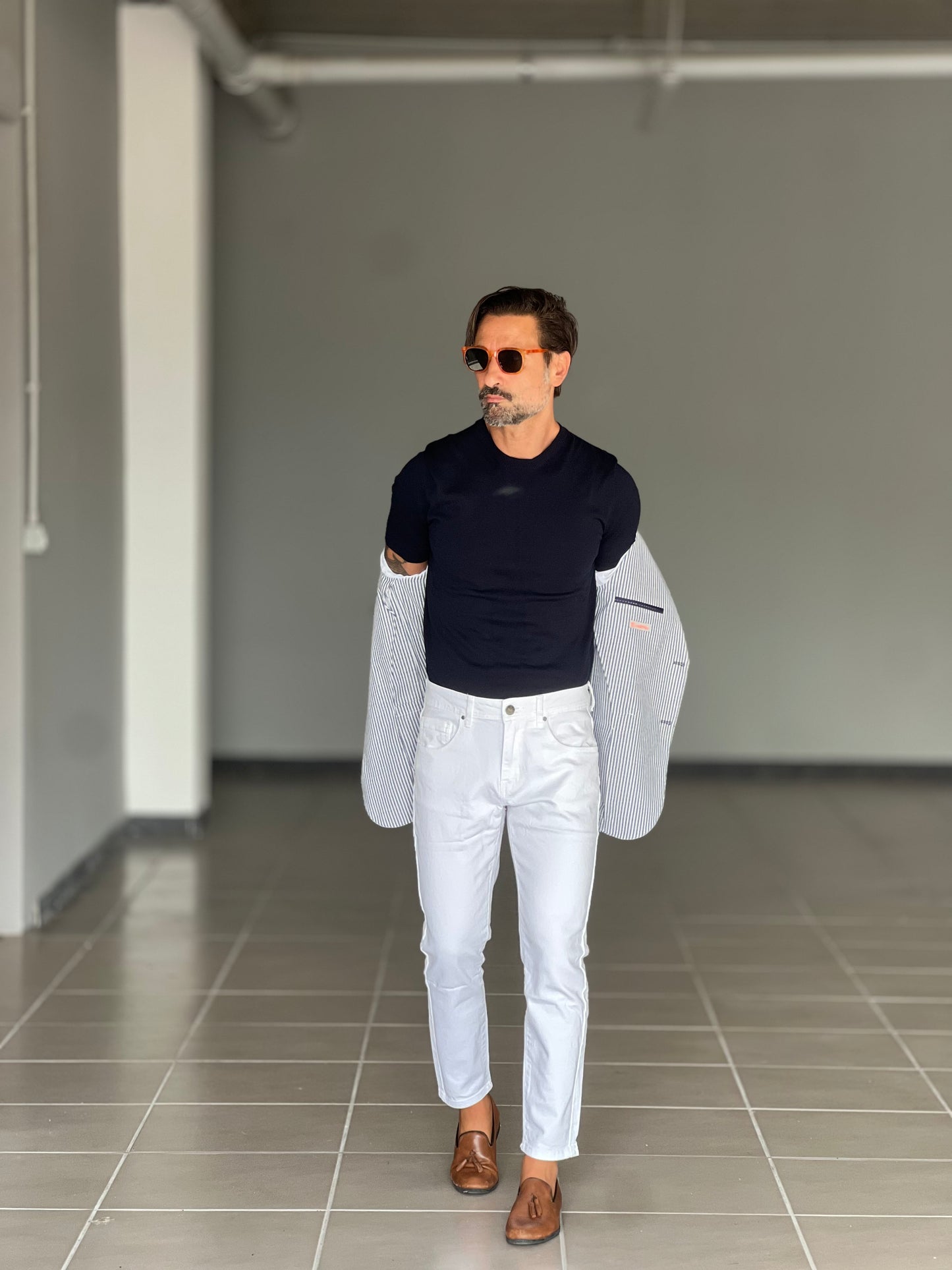 GIACCA LINO MILLERIGHE BLU MONOPETTO