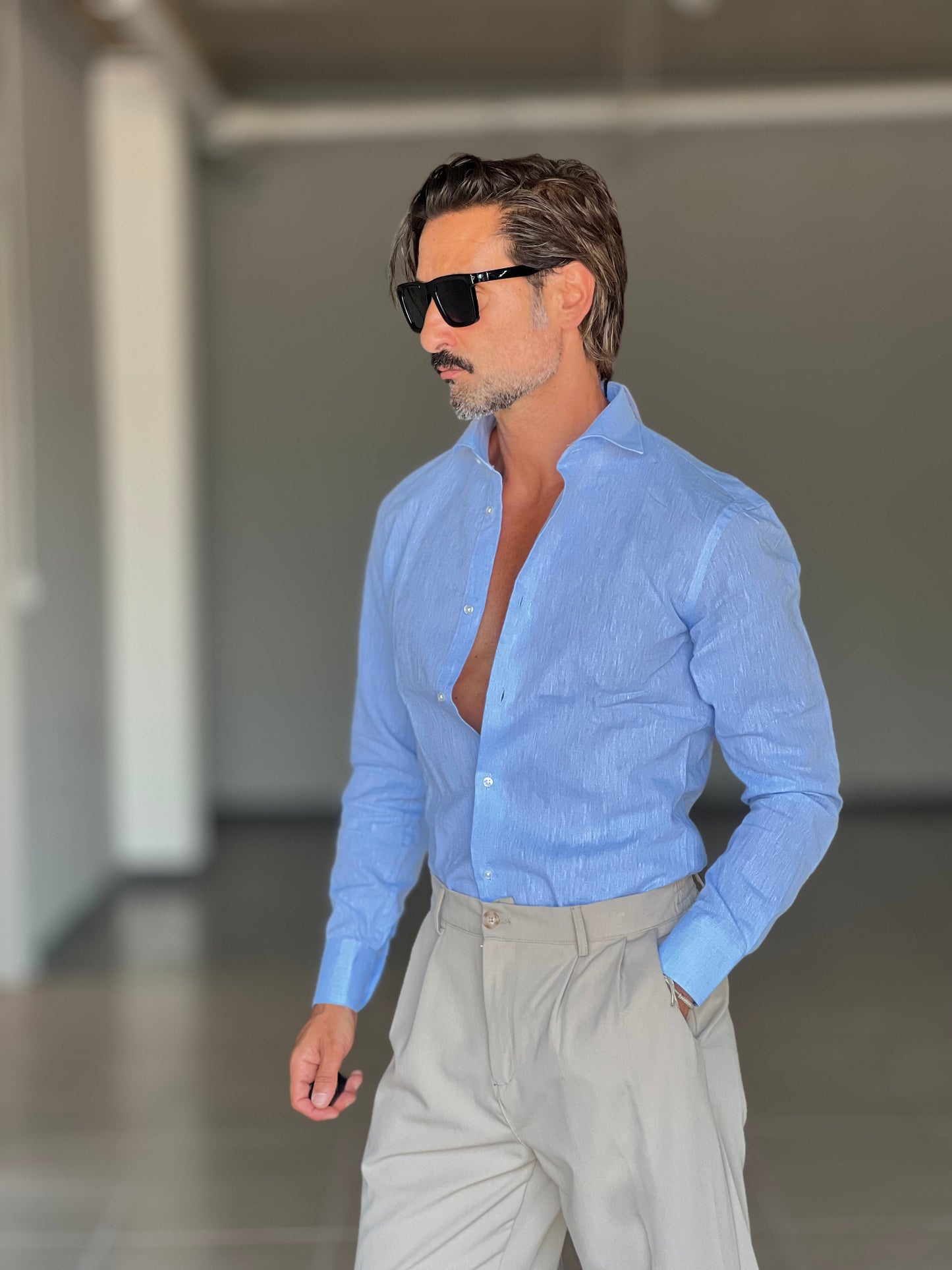 CAMICIA CELESTE CHIARO 100%LINO