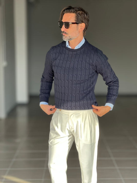 BLUE THREAD COTTON CREW NECK SWEATER