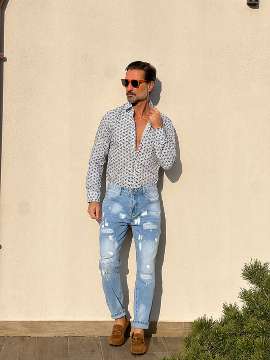 CAMICIA DEPOT FOGLIA BLU COTONE DOPPIORITORTO