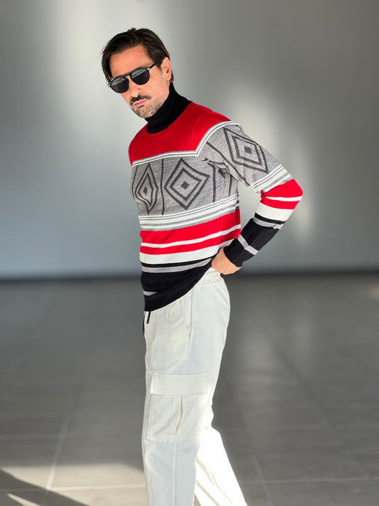 COLLO ALTO RASATO ROSSO E GRIGIO MULTICOLOR