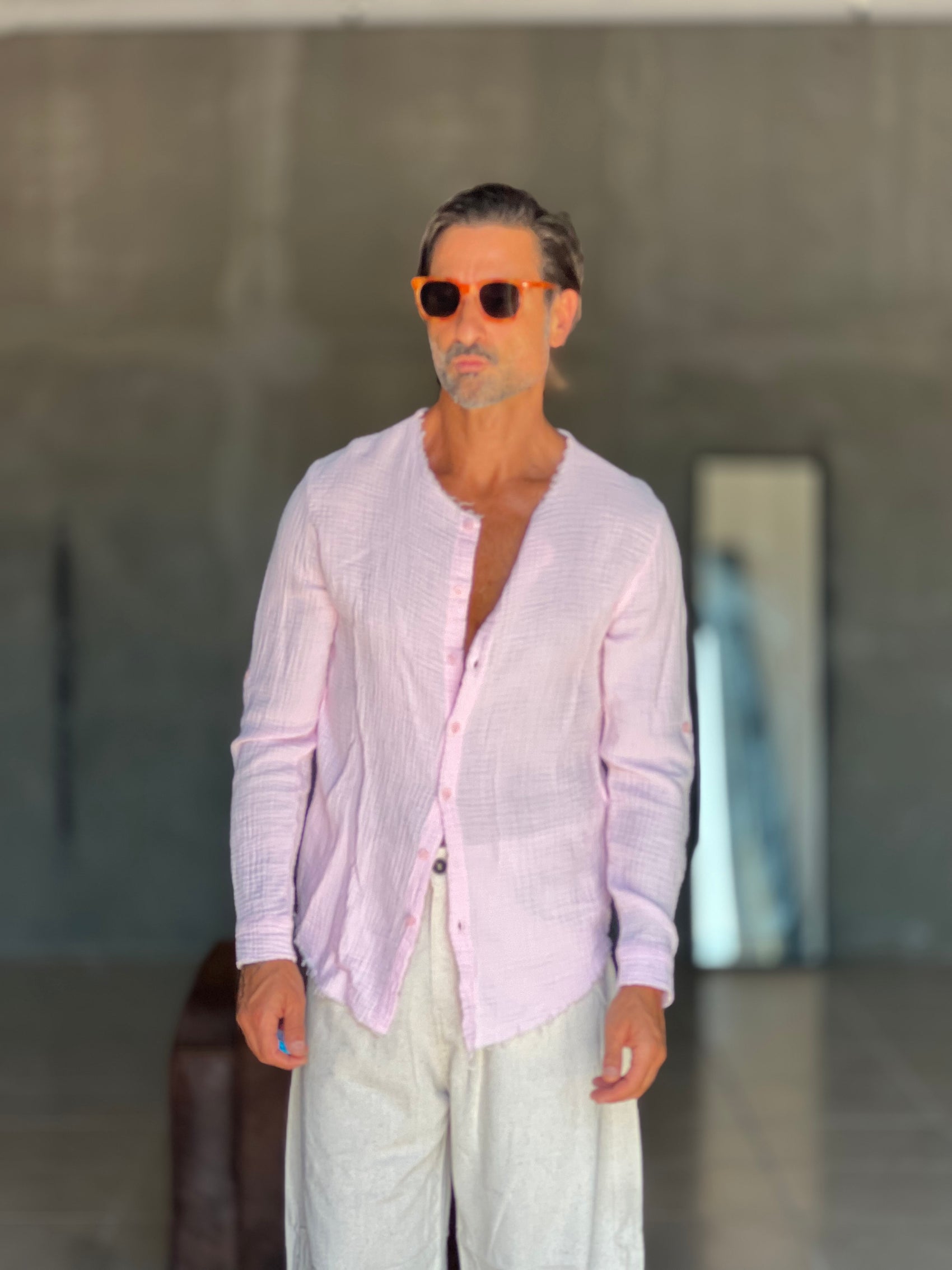 CAMICIA COREANA ROSA GOFFRATA COTONE  EFFETTO LINO 278