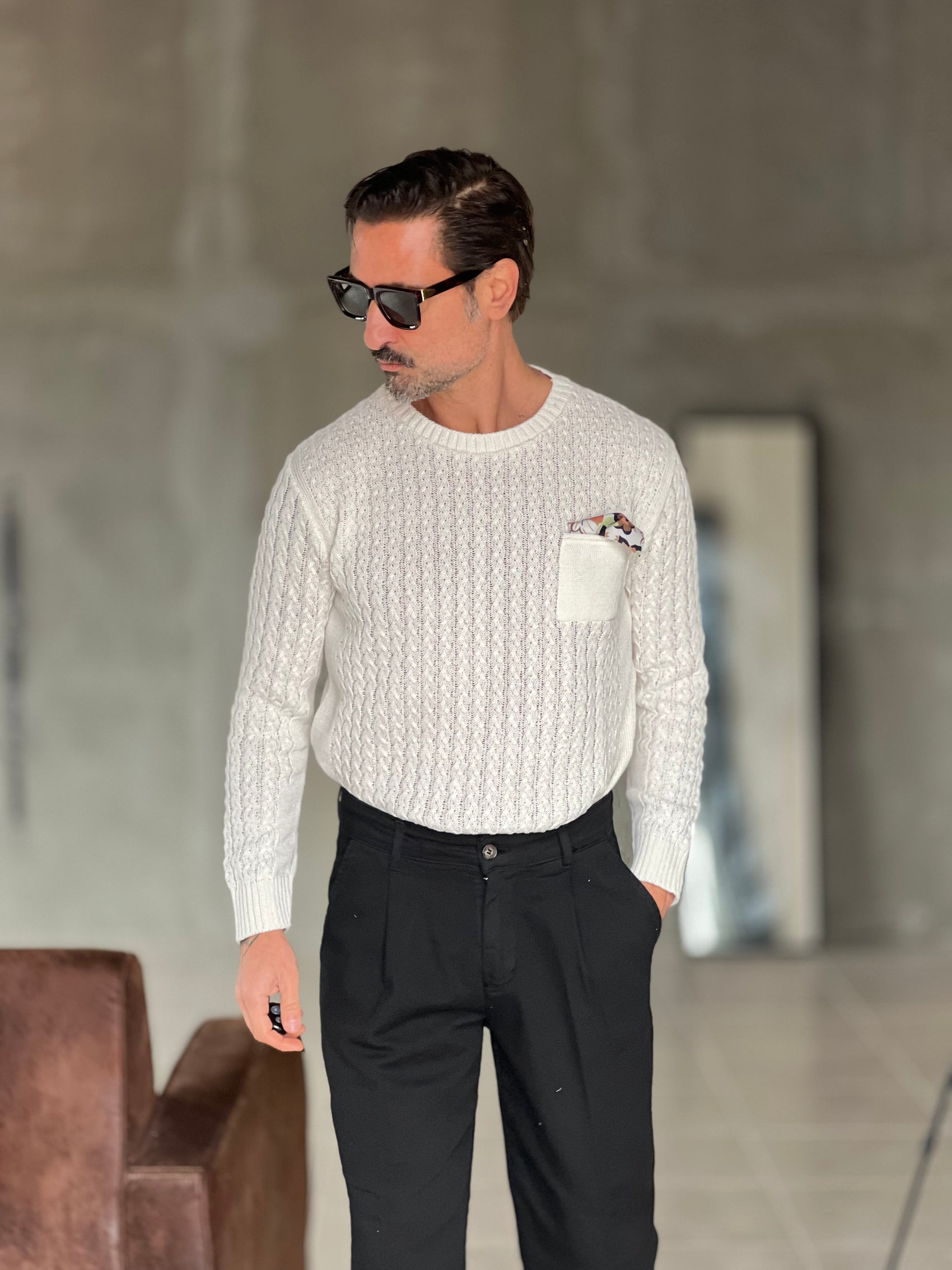 MAGLIA BIANCA  TRECCIA COTONE TASCHINO