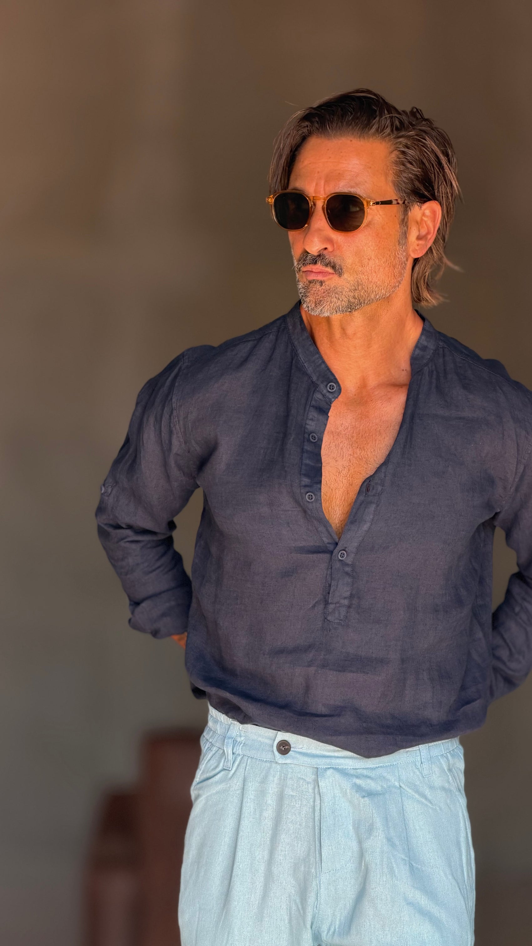 CAMICIA  SERAFINO BLU LINO PURO