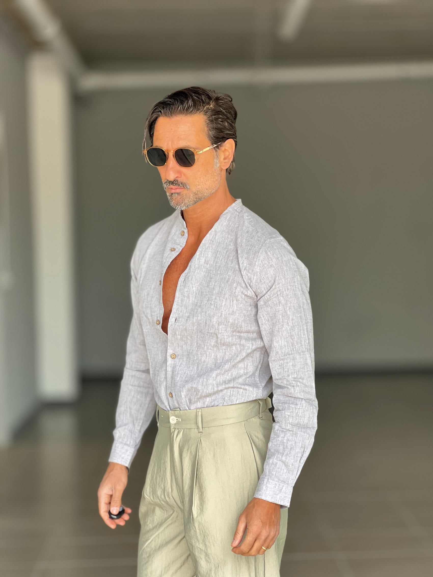 CAMICIA COREANA GRIGIA/VERDE  MISTO LINO  BL11
