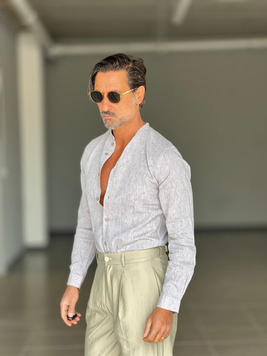 CAMICIA COREANA GRIGIA/VERDE  MISTO LINO  BL11