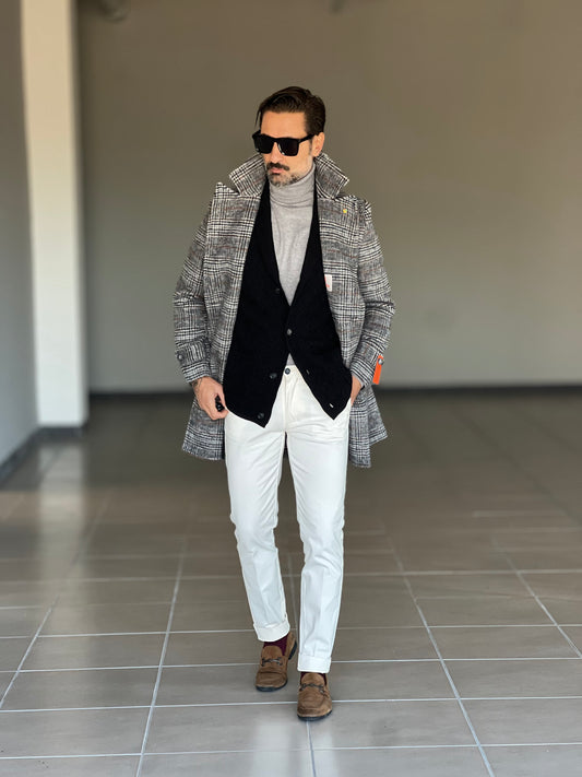 CAPPOTTO  TARTAN GRIGIO E MORO   DOPPIOPETTO