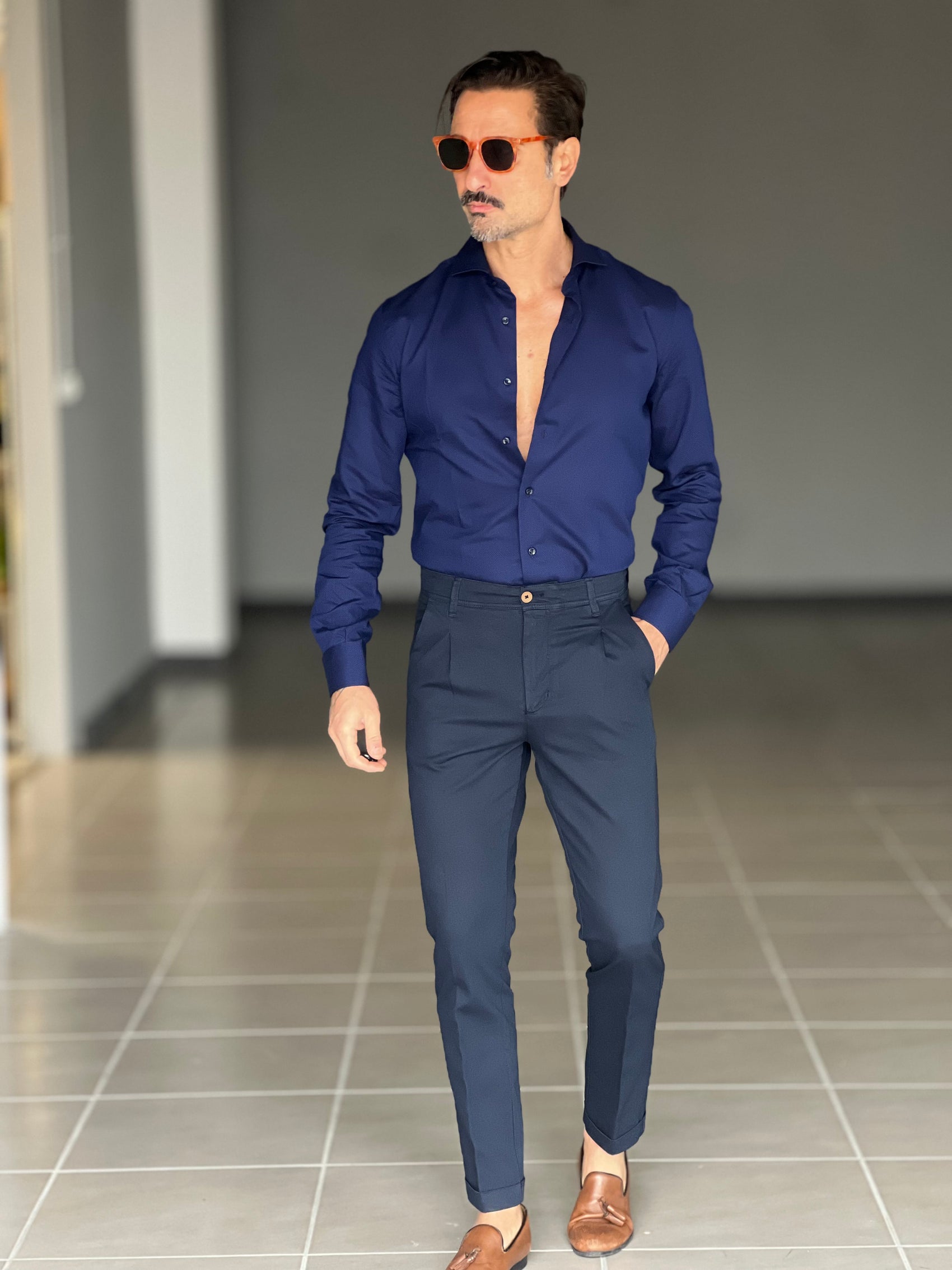 PANTALONE  PINCES  BLU NAVY  GABARDINE DI COTONE G PLAY