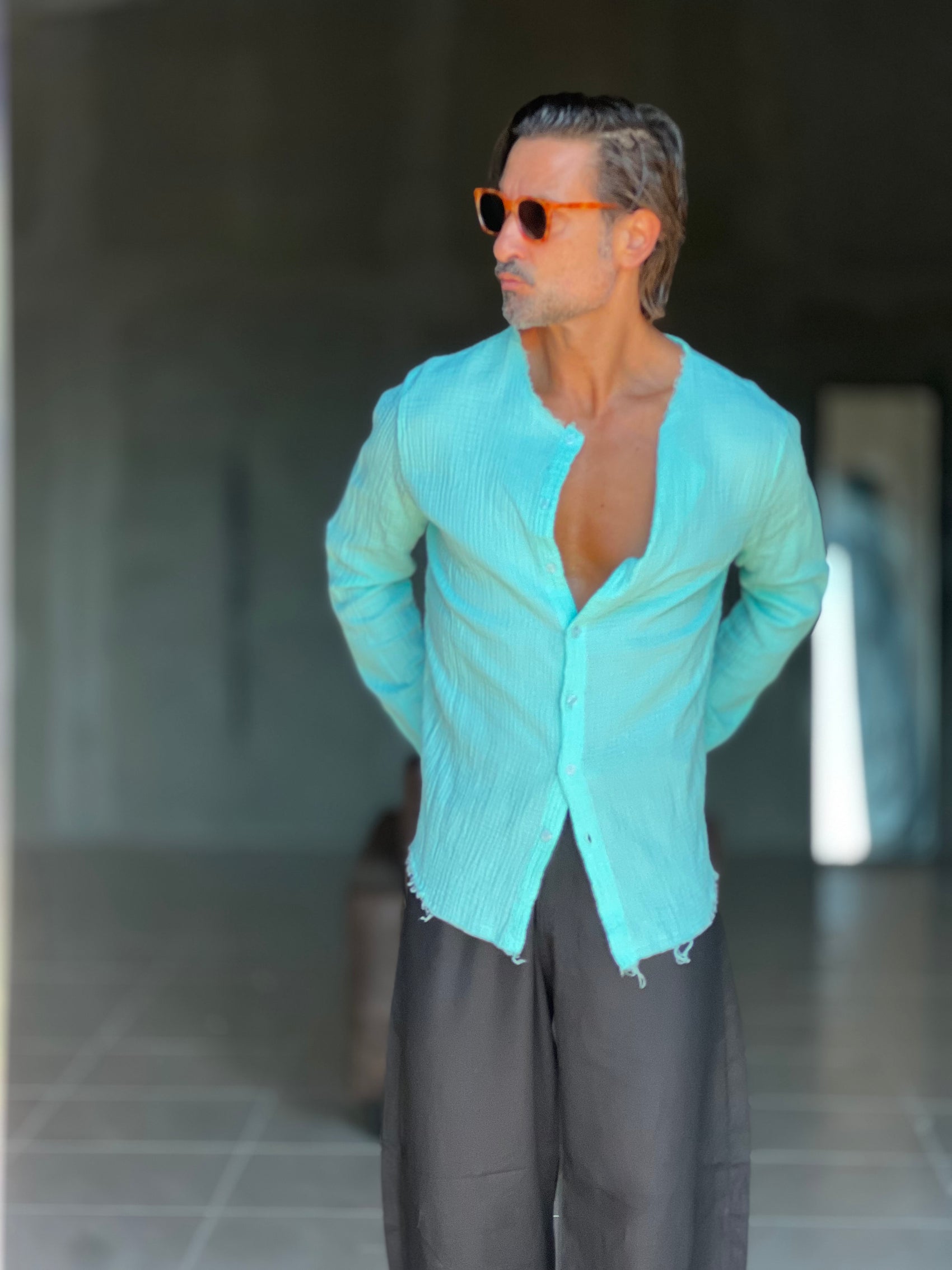 CAMICIA COREANA VERDE ACQUA GOFFRATA COTONE  EFFETTO LINO 278