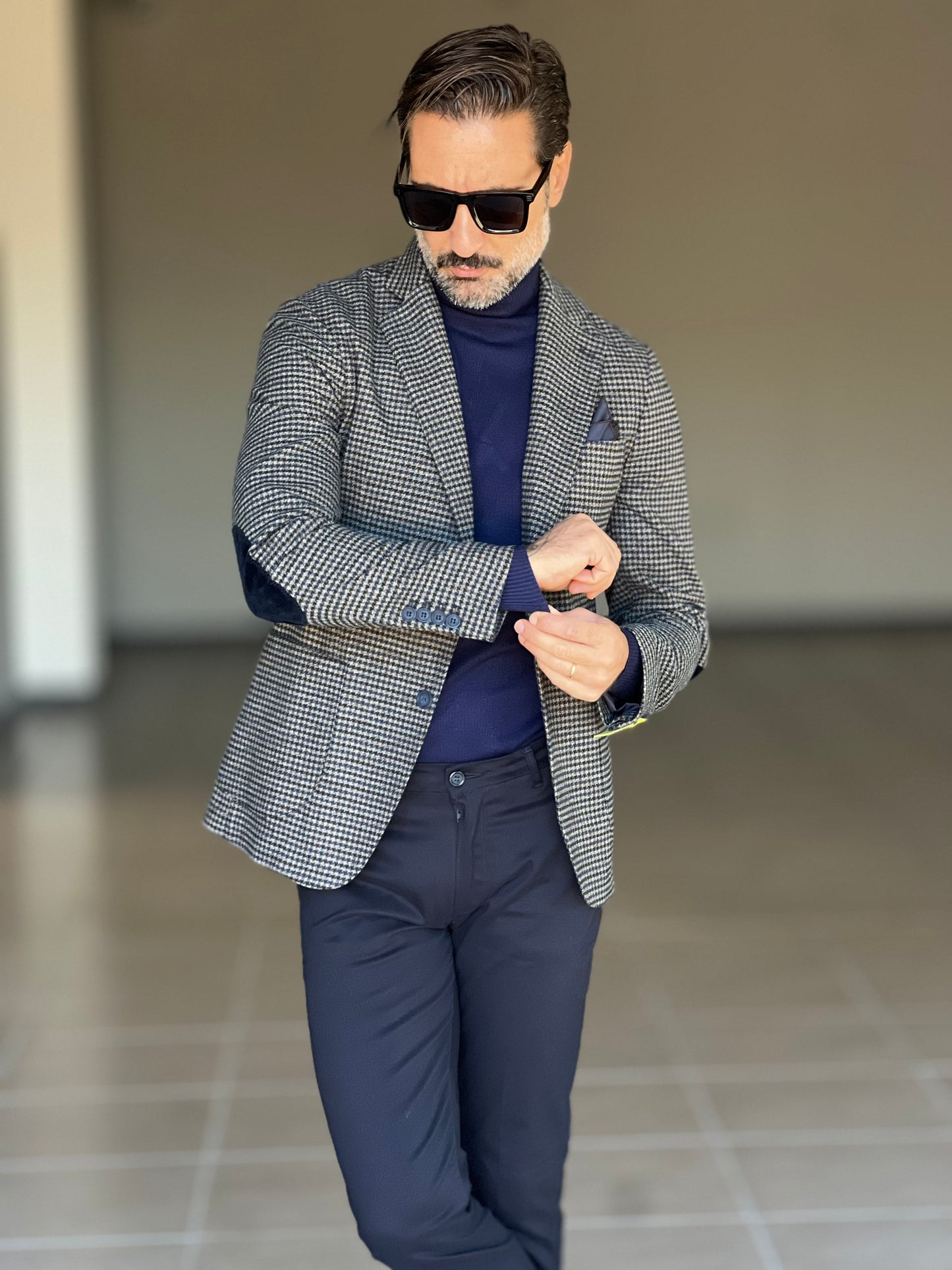 GIACCA PANNO GRIGIA MORO E BLU  PIE DE POULE TOPPE AI GOMITI