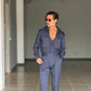 PANTALONE BLU GESSATO  VITA ALTA PINCES VISCOSA