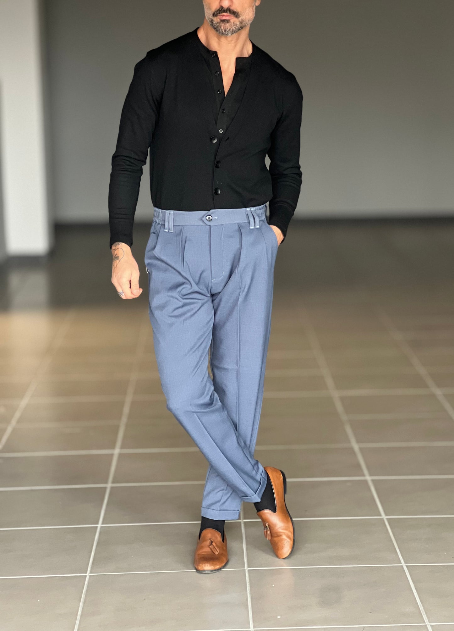 PANTALONE INDACO VISCOSA FIAMMATO UNA PINCES