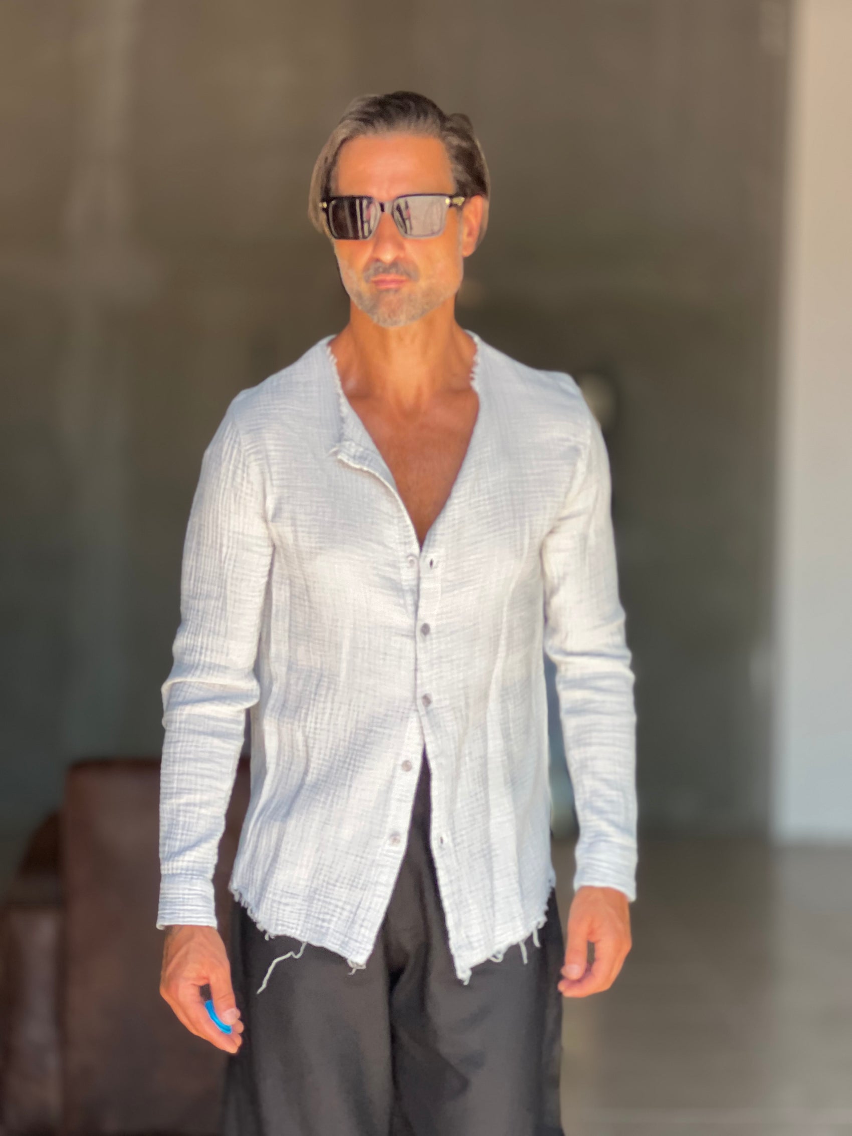 CAMICIA COREANA GRIGIO CHIARO GOFFRATA COTONE  EFFETTO LINO. 278
