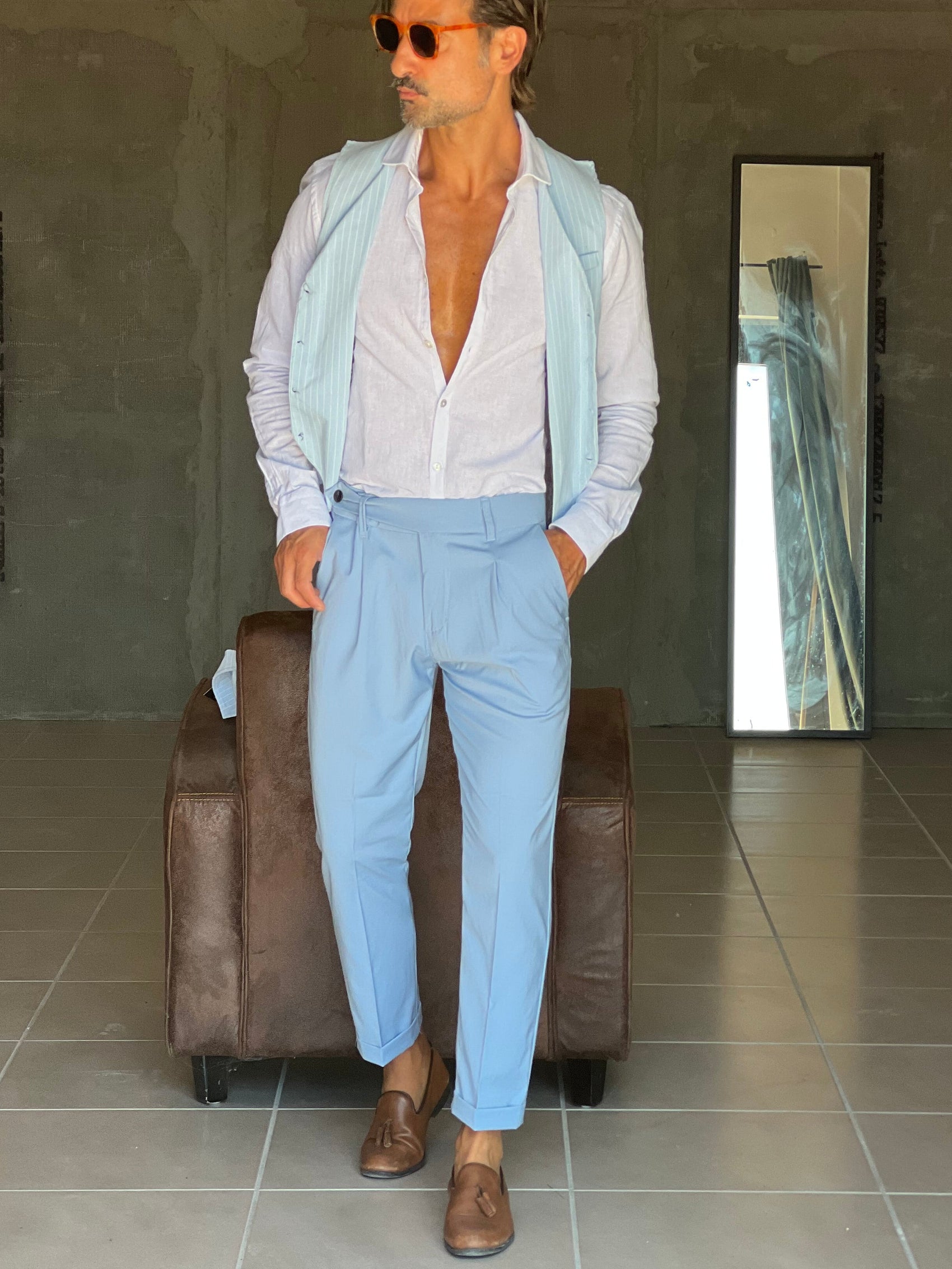 PANTALONE CELESTE  VITA ALTA PINCES VISCOSA