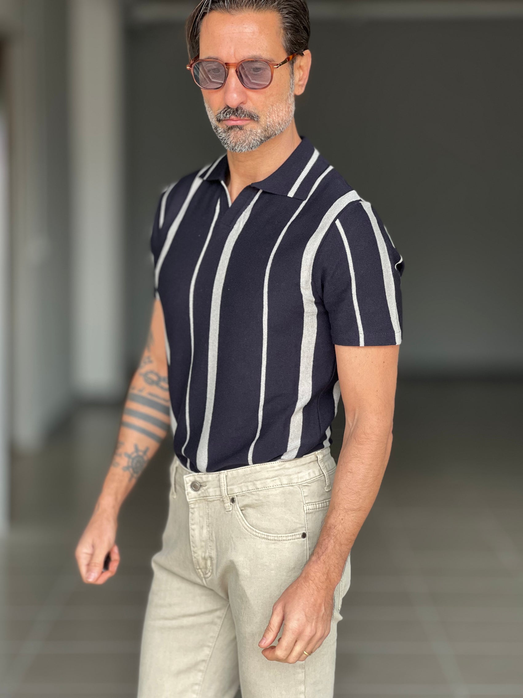 POLO BLU MISTO LINO BICOLORE