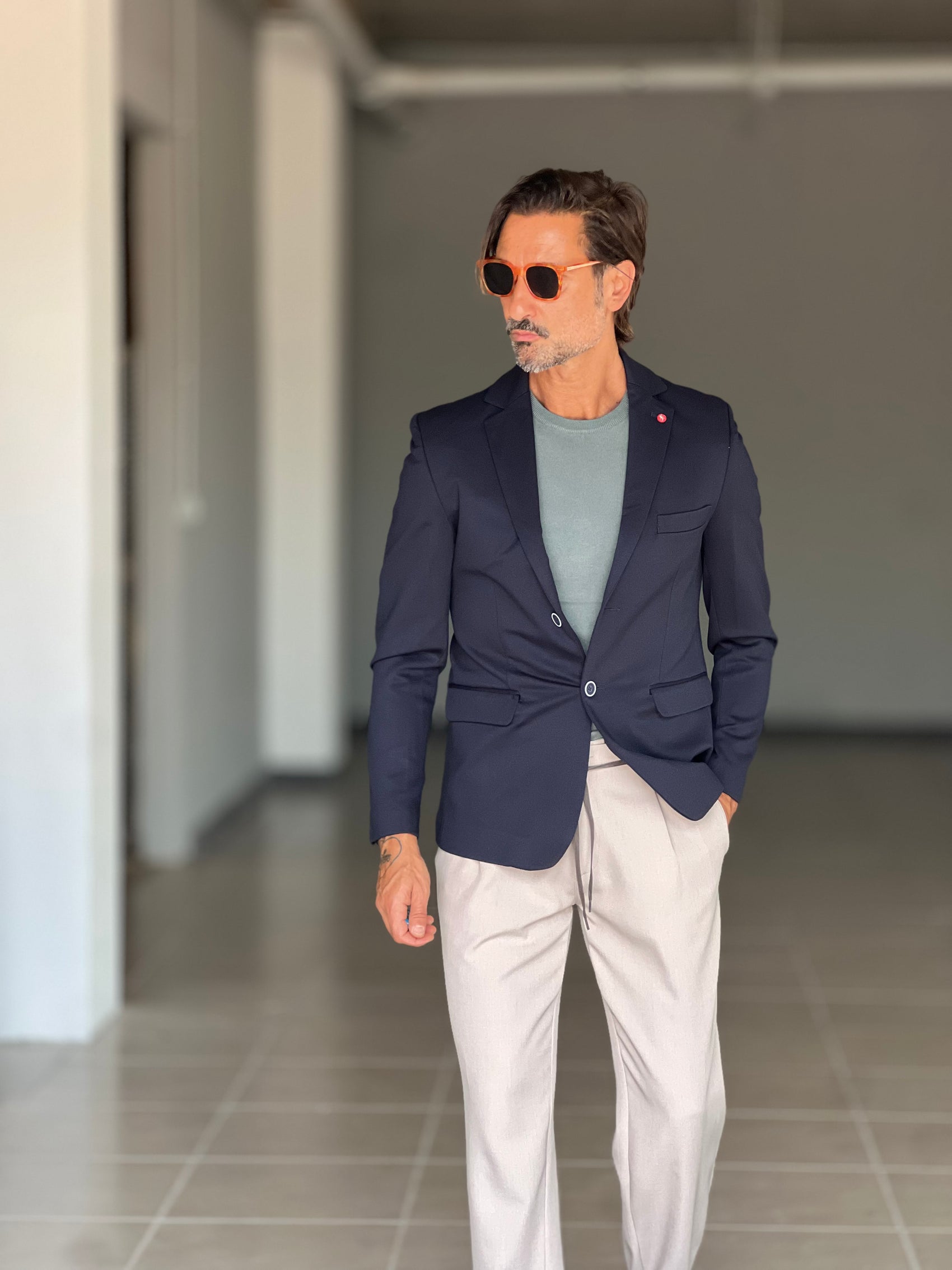 GIACCA MONOPETTO BLU TESSUTO RIGATO STRECH