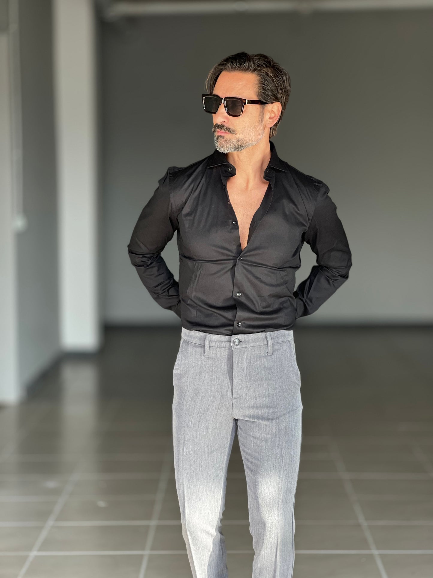 CAMICIA NERA   POPELINE DI COTONE STRECH