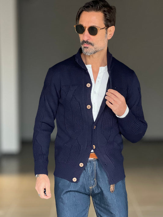 CARDIGAN  BLU OPERATO COLLO IN PIEDI