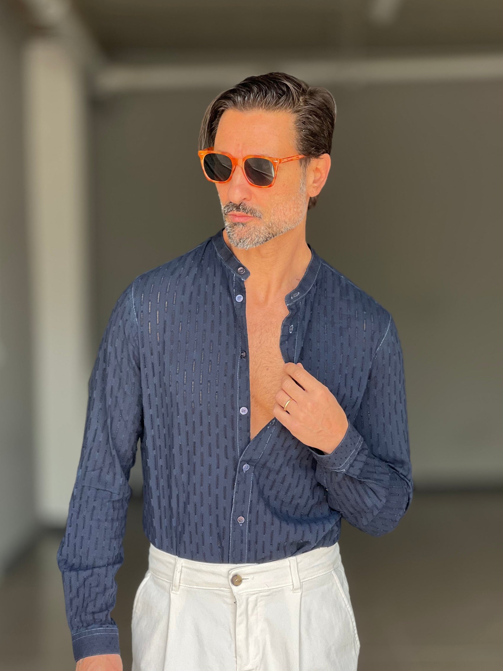 CAMICIA KOON BLU  LINO E COTONE LAVORAZIONE TRAMATA