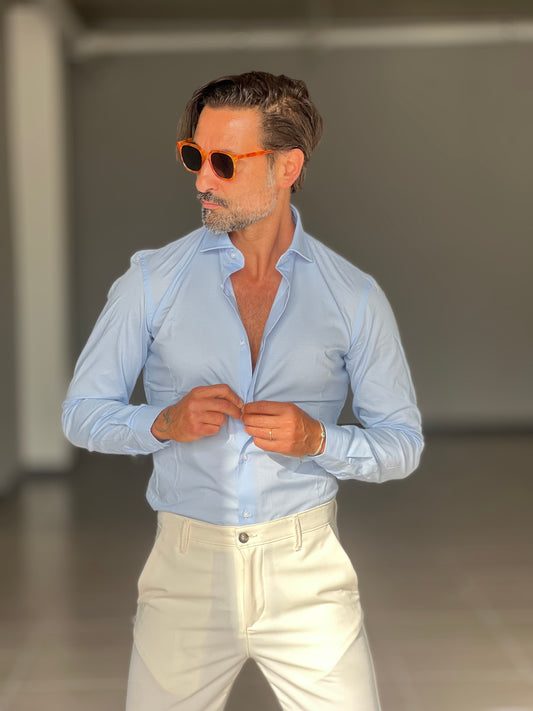 CAMICIA CELESTE COTONE COLLO ITALIANO STRECH
