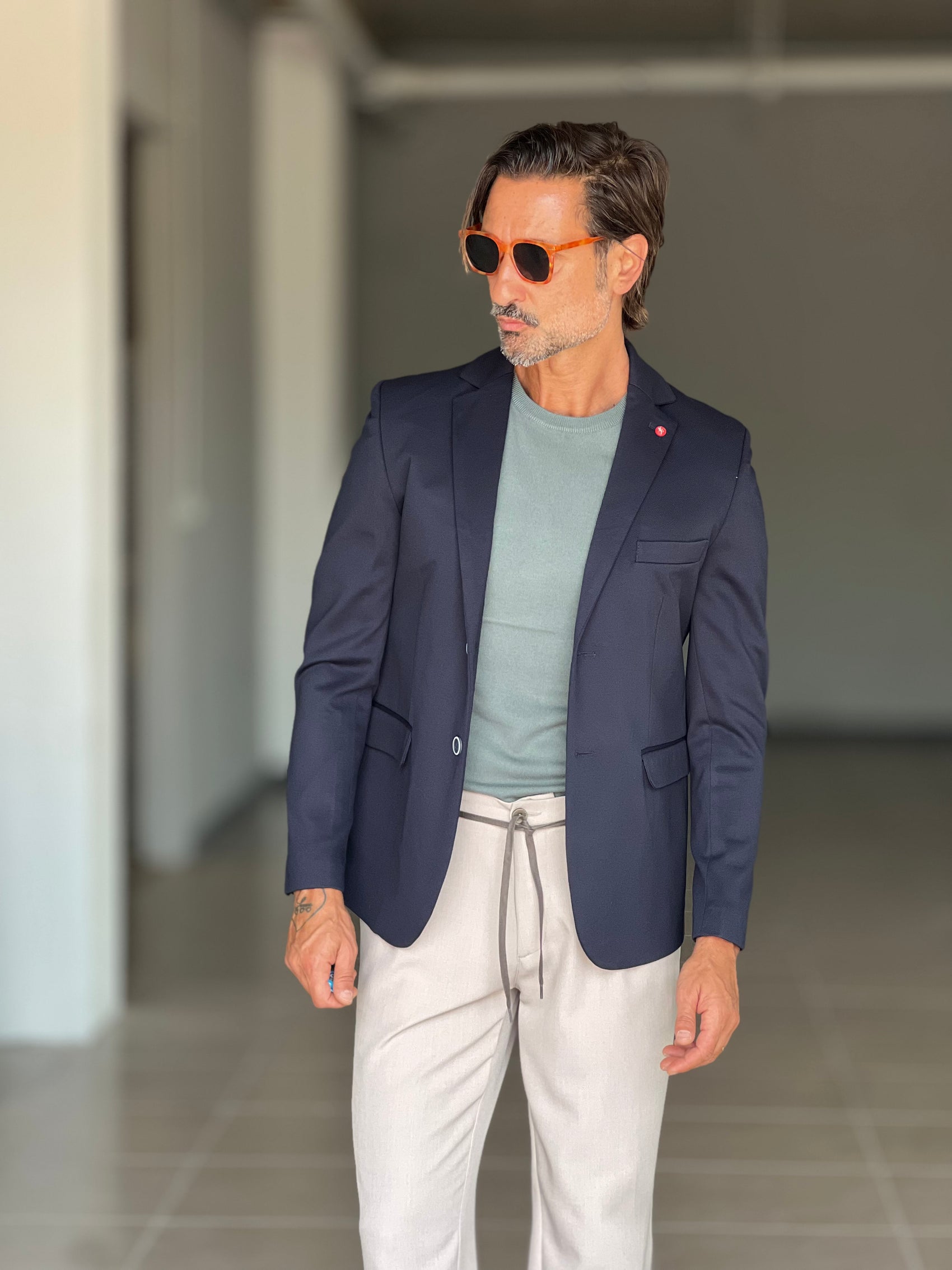 GIACCA MONOPETTO BLU TESSUTO RIGATO STRECH