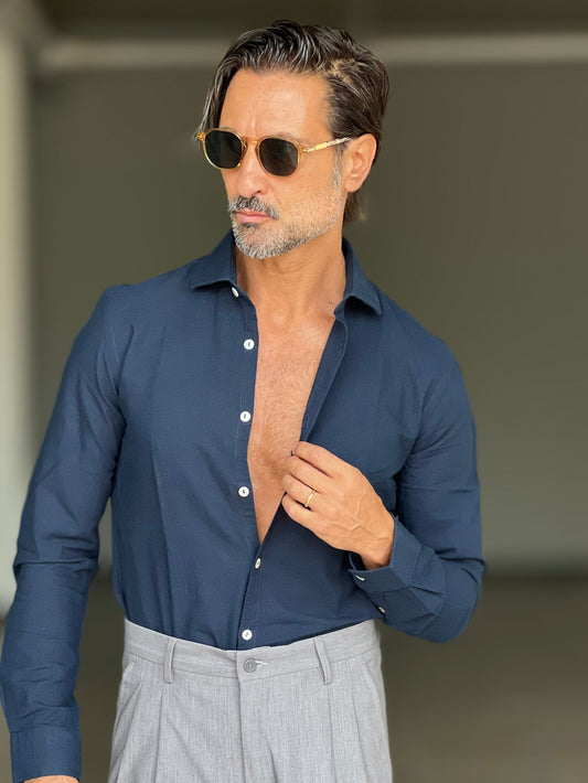 CAMICIA  BLU   LINO E MISTI COLLO ITALIANO