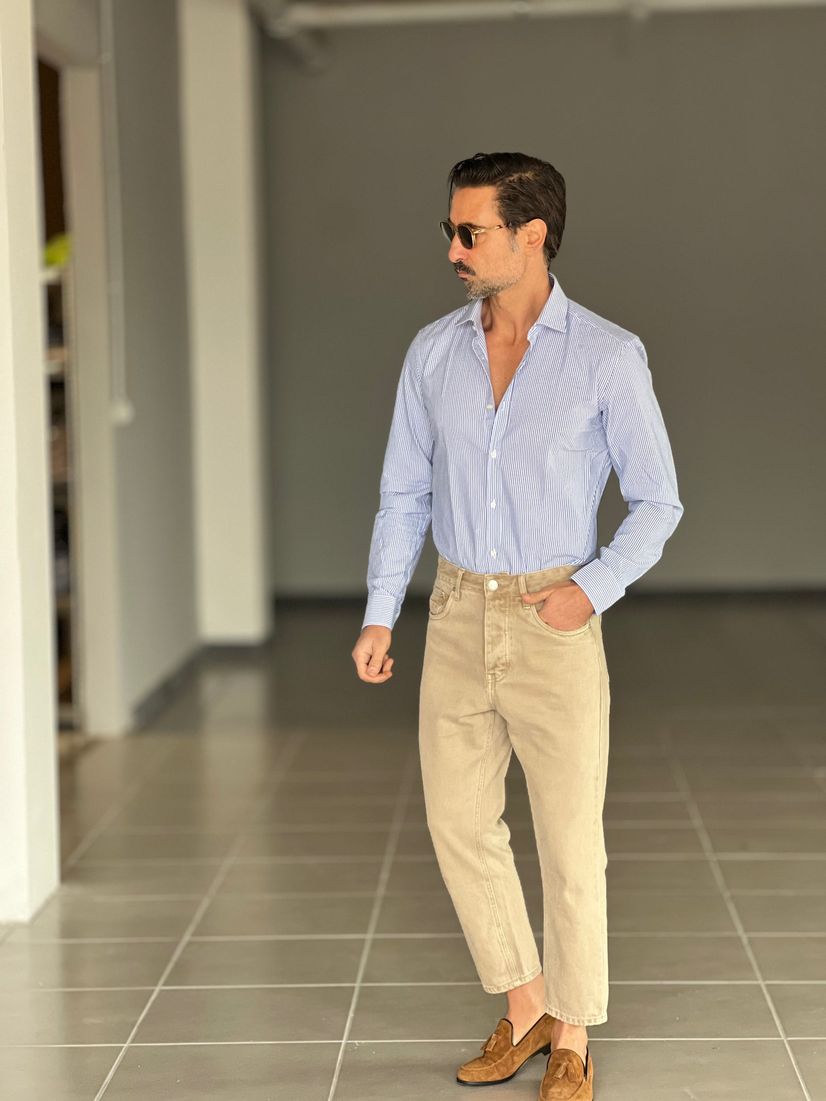 CAMICIA DEPOT  BACCHETTA FINA BLU   COLLO PICCOLO POPELINE  DI COTONE DOPPIORITORTO