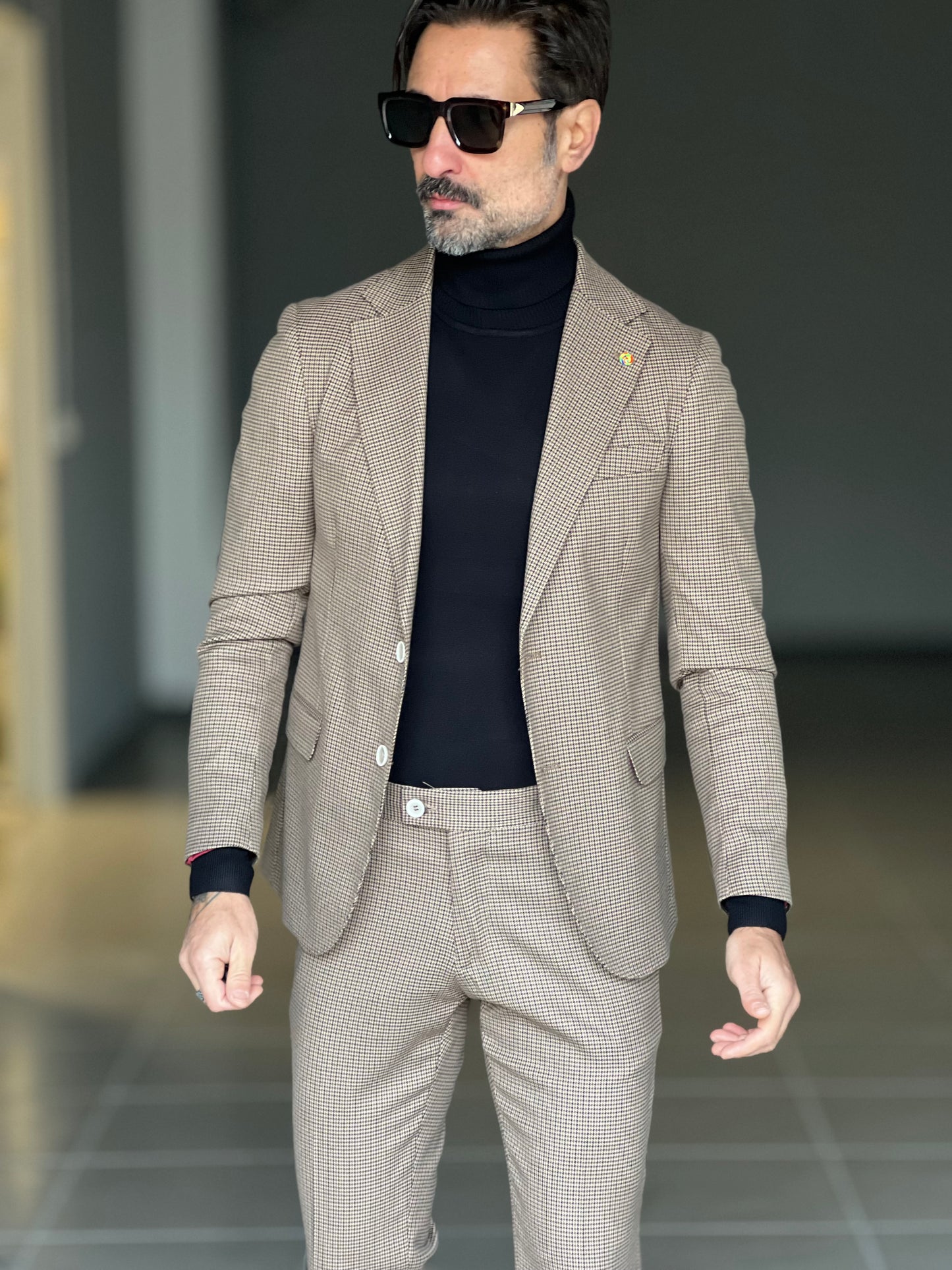 ABITO PIE DE POULE FONDO BEIGE PUNTO MILANO