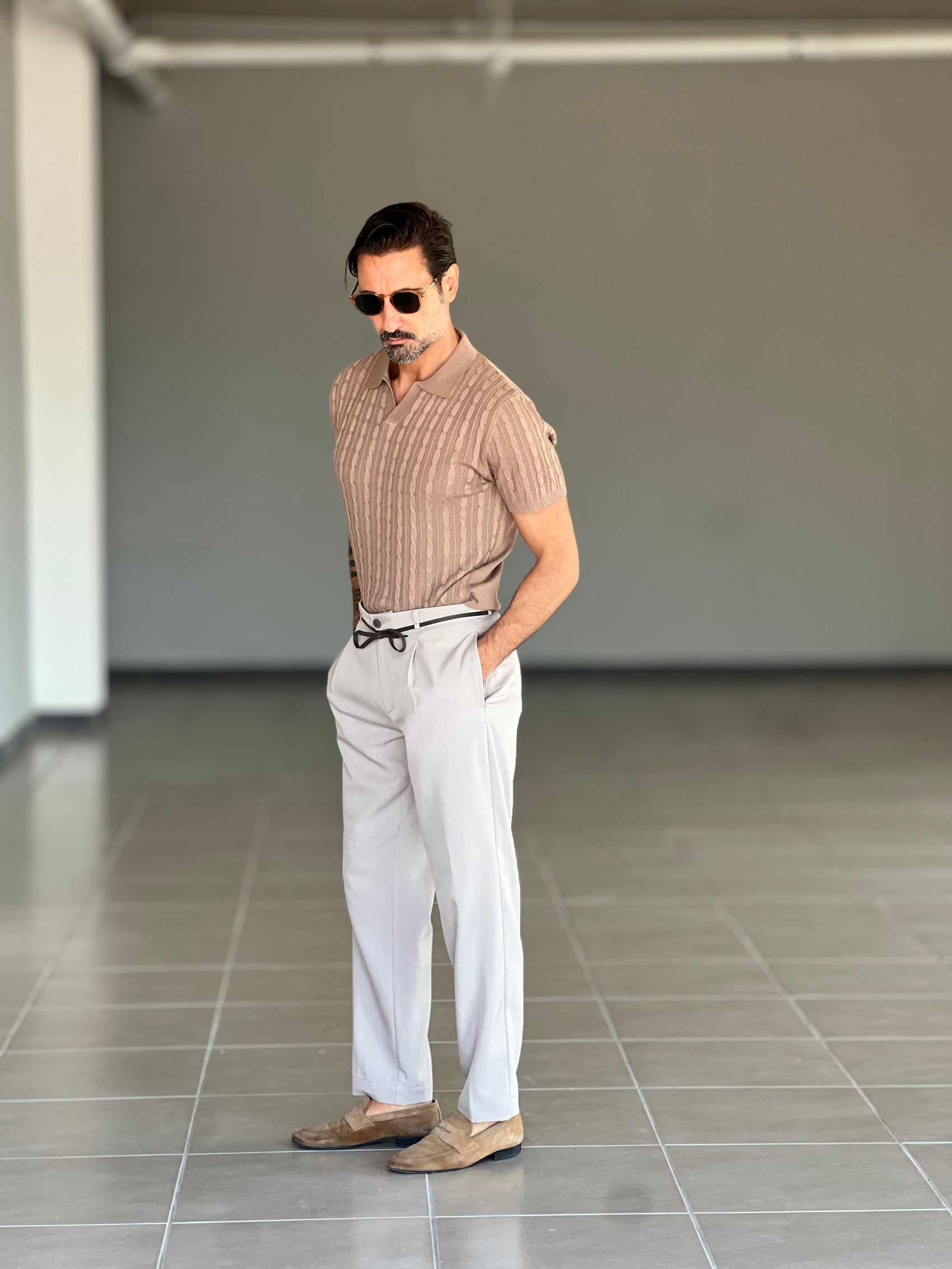 PANTALONE BEGE  ALTATENSIONE PINCES VISCOSA CORDINO ECOPELLE