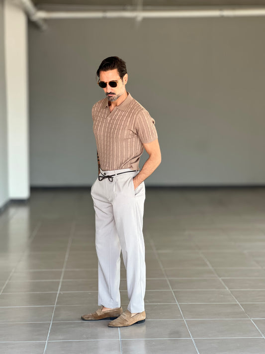 PANTALONE BEGE  ALTATENSIONE PINCES VISCOSA CORDINO ECOPELLE