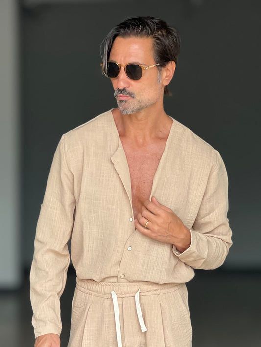COORDINATO CAMICIA E PANTALACCIO CAMMELLO COREANA GIROCOLLO COTENE VISCOSA EFFETTO LINO